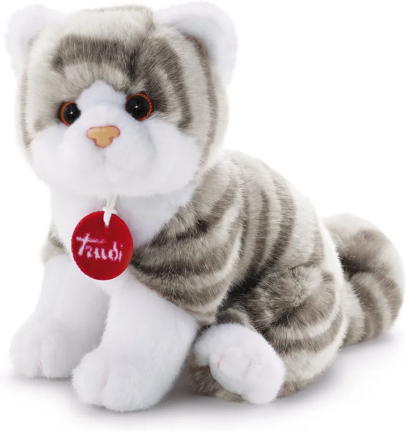 Classic Knuffel Poes Kat Brad 18 cm - Handgemaakt in Italie - Hoge kwaliteit pluche knuffel - Knuffeldier voor jongens en meisjes - Grijs Wit - 14x18x20 cm maat S by Trudi in Poes Wit Grijs – product photo