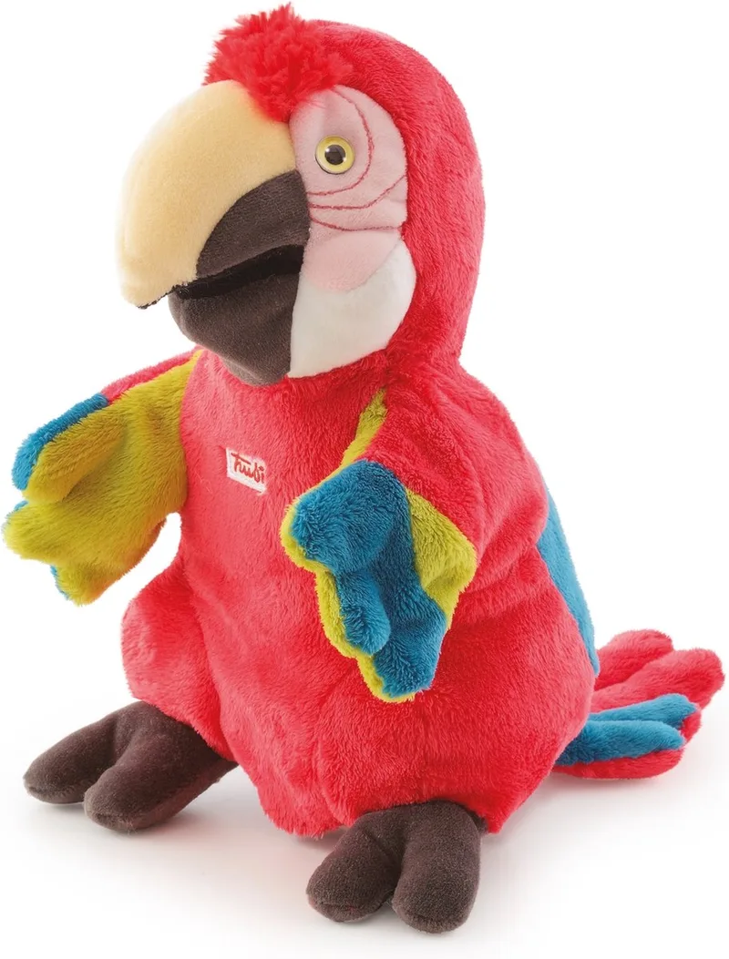 Puppets Handpop Papegaai 24 cm - Handgemaakt in Italie - Zacht pluche - Knuffeldier voor jongens en meisjes - Rood Blauw - 15x24x15 cm maat S van Trudi in Papegaai Rood – productfoto