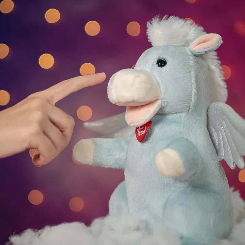 Puppets Handpop Pegasus 27 cm - Handgemaakt in Italie - Zacht pluche - Knuffeldier voor jongens en meisjes - Blauw - 18x27x19 cm maat S van Trudi in Pegasus Blauw – productfoto