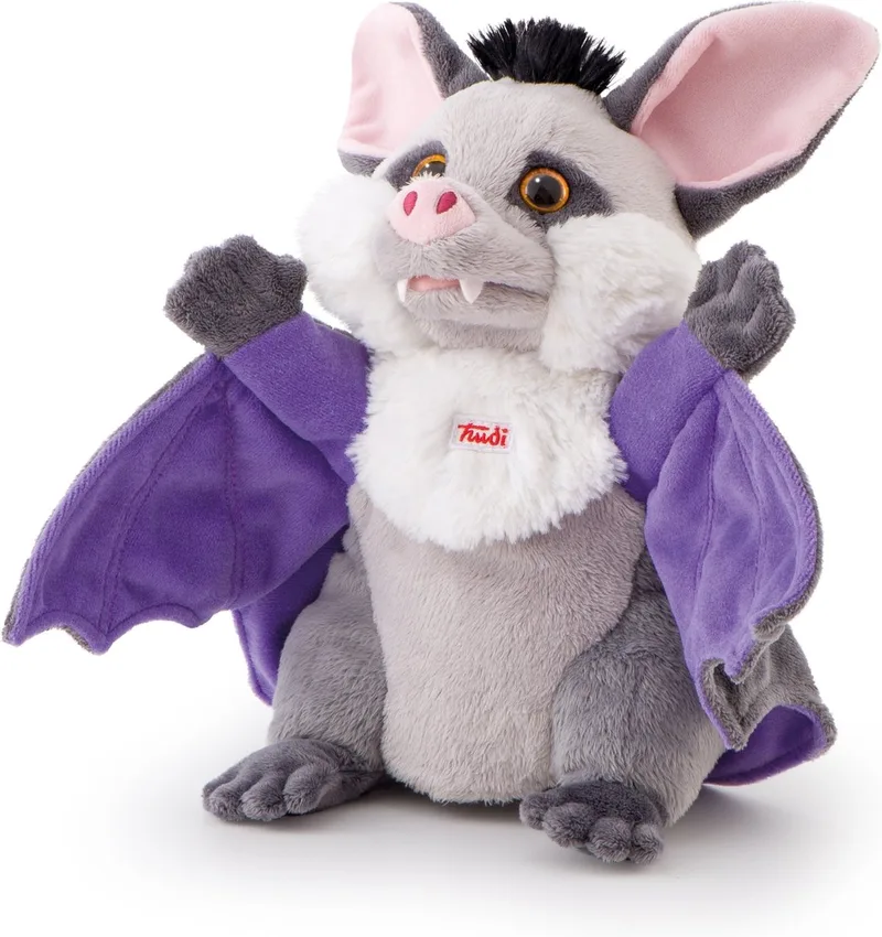 Puppets Handpop Vleermuis 26 cm - Handgemaakt in Italie - Zacht pluche - Knuffeldier voor jongens en meisjes - Grijs Paars - 15x26x15 cm maat S by Trudi in Vleermuis Grijs Paars – product photo