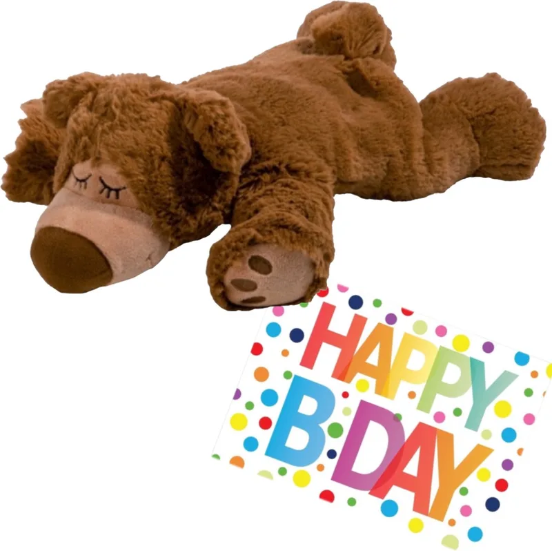 Pluche knuffel magnetron opwarm beer 32 cm met A5-size Happy Birthday wenskaart - Verjaardag cadeau setje by Warmies in Multicolour – product photo