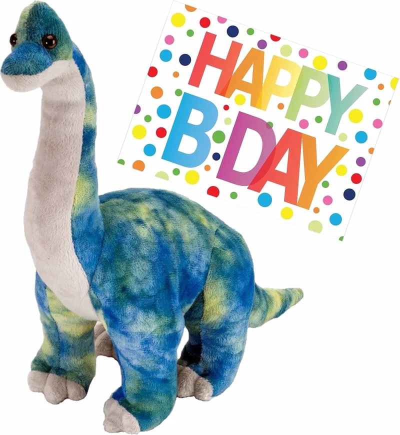 Pluche knuffel Dino Brachiosaurus 25 cm met grote A5-size Happy Birthday wenskaart - Verjaardag cadeau setje - Een knuffel sturen från Wild Republic i Blå – produktbild