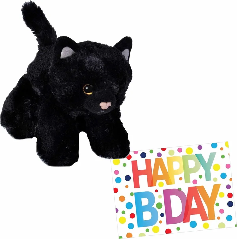 Pluche knuffel kat/poes - 18 cm - met A5-size Happy Birthday wenskaart - Verjaardag cadeau setje från Wild Republic i Svart – produktbild