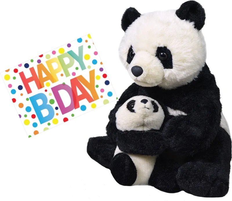 Pluche knuffel panda beer met baby 38 cm met A5-size Happy Birthday wenskaart - Verjaardag cadeau setje från Wild Republic i Svart – produktbild