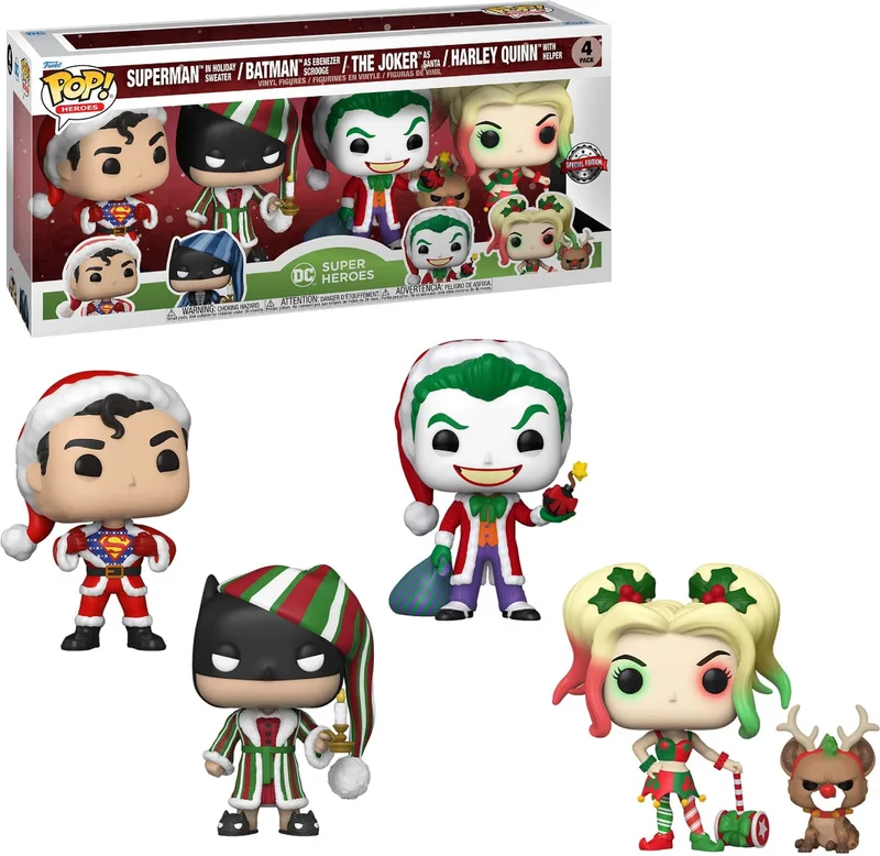 DC Super Heroes Funko Pop Vinyl 4-Pack: Superman, Batman, The Joker & Harley Quin in Holiday Outfits van Funko – productfoto