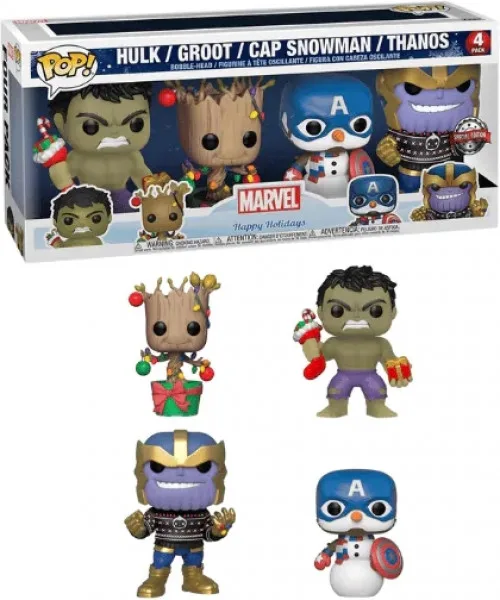 Marvel Holidays Funko Pop Vinyl 4-Pack: Hulk, Groot, Cap Snowman & Thanos van Funko – productfoto