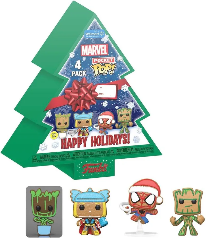Marvel Pocket Pop Holiday Tree 4-Pack - Baby Groot, Thor, Spider-Man, Groot (Glow in the Dark) van Funko – productfoto 1 van 2