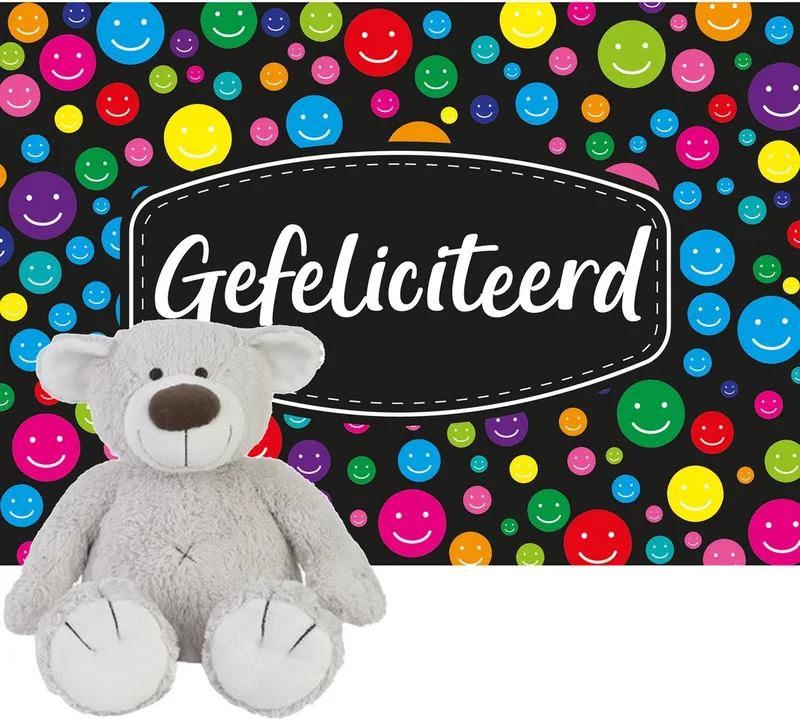 beer Baggio knuffel 22 cm met Gefeliciteerd A5 wenskaart fra Happy Horse i Grå – produktbillede