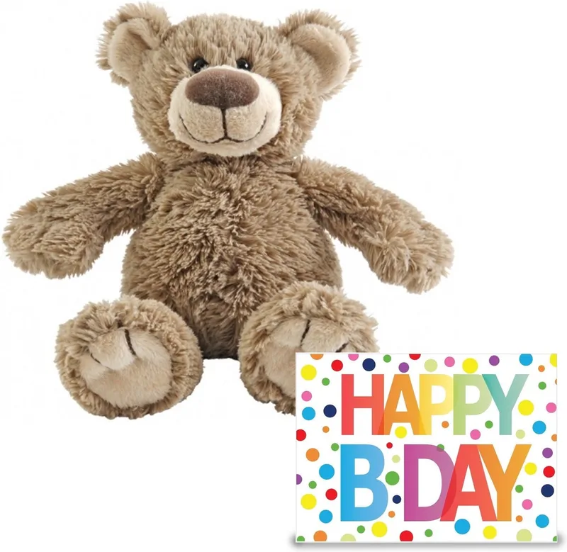 Verjaardag cadeau knuffelbeer 22 cm met XL Happy Birthday wenskaart van Happy Horse in Bruin – productfoto