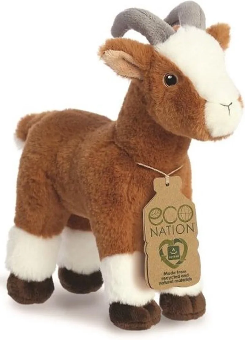Eco Nation pluche knuffeldier geit - bruin/wit - 27 cm - Boerderijdieren thema från Aurora i Brun – produktbild