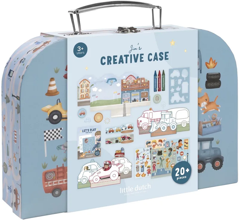 Knutselkoffer - Jim Voertuigen - Met 3 stempels, 2 washi-tapes, 3 waskrijtjes en veel meer - Knutselen - Speelgoed kinderen - Voor jongens - Vanaf 3 jaar von Little Dutch in Blau – Produktfoto
